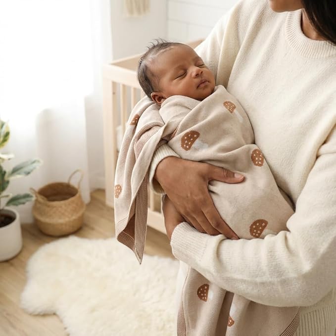 Unisex Baby Swaddle Blanket 100% Cotton Buttery Soft Cozy Receiving Swaddle Stroller Blanket for Shower Gift Registry for Newborns, Infants, Toddlers (Mushroom - Cream)