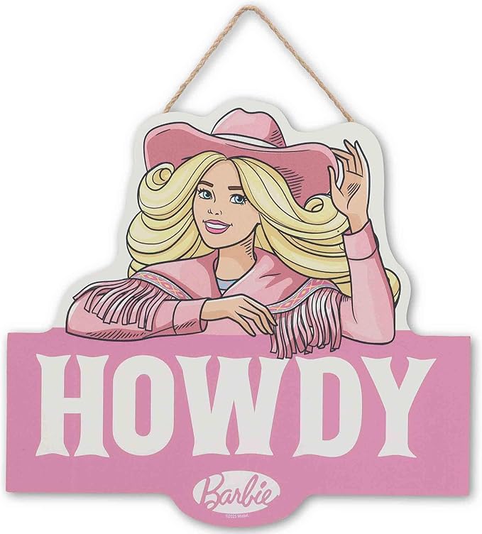 Mattel Barbie Cowgirl Howdy Hanging Wood Wall Decor - Western Barbie Sign for Kids's Bedroom or Play Room