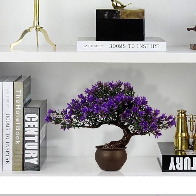 Artificial Bonsai Tree Fake Plants for Home Decor, Living Room Bathroom Bookshelf Entryway Table Wall Shelf Modern Farmhouse Decor, 9.5" Tall, Purple