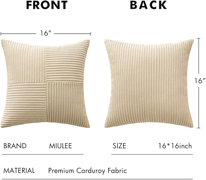 MIULEE Cream Decorative Throw Pillow Covers 16x16 Inch for Couch Bed Sofa Pack of 2 Boho Neutral Farmhouse Throw Pillows Soft Cross Corduroy Patchwork Textured Cushion Cases