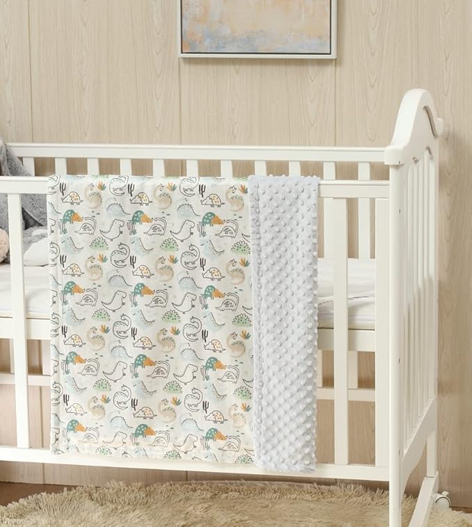 CREVENT 2Pcs 30''X40'' Cute Cozy Fluffy Warm Baby Blankets for Infants Toddlers' Bedding Crib Cot Stroller - Grey Cloud + Minky Dinosaur