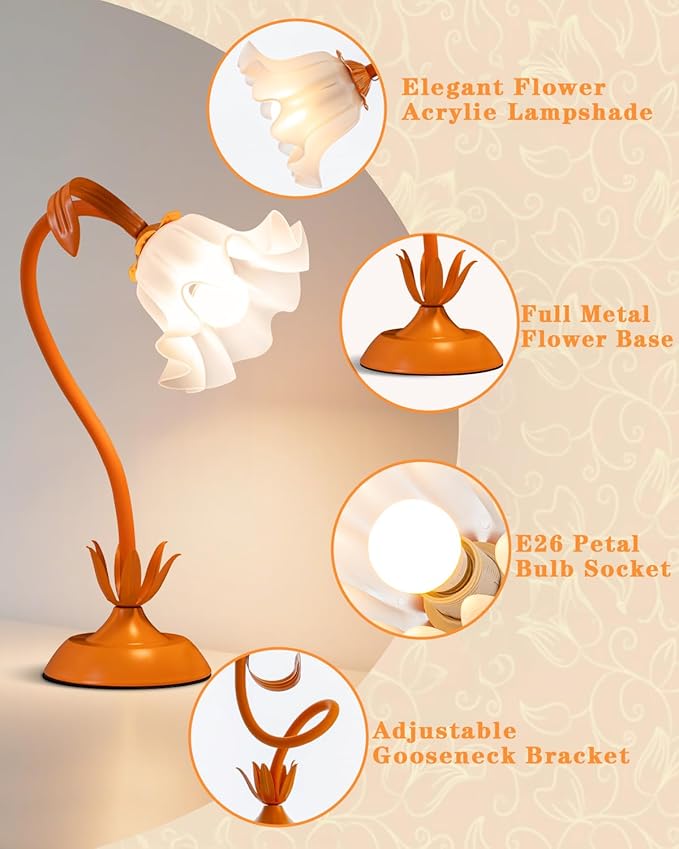 Flower Table Lamp, LED Reading Light Vintage Bedside Table Lamp with 3 Color Modes for Nightstand, Kawaii Decoration for Home Bedroom Living Room (Orange)
