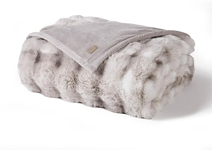 EverGrace Ultra Soft Luxury Fluffy Faux Rabbit Fur Throw Blanket, Thick Warm Bubble Throw for Bed, Cozy Plush Reversible Blankets for Couch, Chair, Sofa, Light Grey, 60x80 Inches