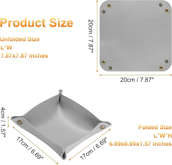 HARFINGTON 2pcs PU Leather Valet Tray Unisex Folding Small Catchall Tray Portable Entryway Table Tray Nightstand Bedside Desk Tray for Key Wallet Watch Coin Jewelry Dice, Gray