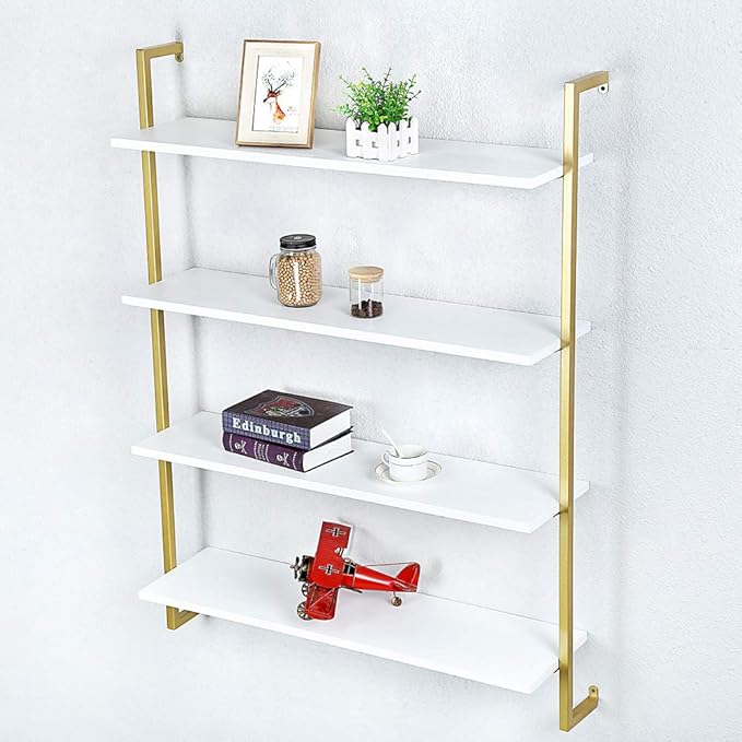 Industrial Metal Wall Shelf,Floating Wood Shelves Wall Mounted,36in Real Wood Book Shelves,4 Tier for Bedrooms Office