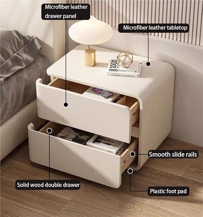 Minimalist Bedside Table Wood Bedside Furniture, Leather Nightstand with 2 Drawer Storage Modern Night Stand for Bedroom, Living Room, 17.7x15.7x18.9inch(Beige,Left)