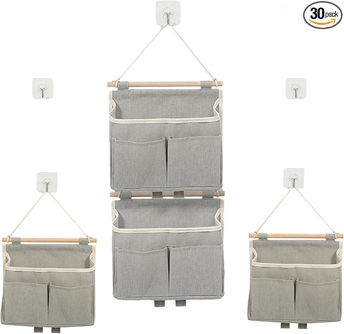 4 Pcs Wall Hanging Storage Caddy Bags, Wall Hanging Organizer Bag with Hooks, Linen Cotton Fabric Hanging Wall Door Organizer, Waterproof Hanging Pouch File Magazine Wall Mount Organizer for Bedroom