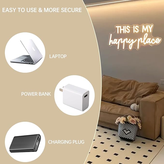Neon Lights for Wall Decor - This Is My Happy Place Neon Signs for Teen Girls Bedroom Decor, Led Sign for Wall Decor, Nightstand Light, Dimmable Switch USB Power, Adhesive Hook Included