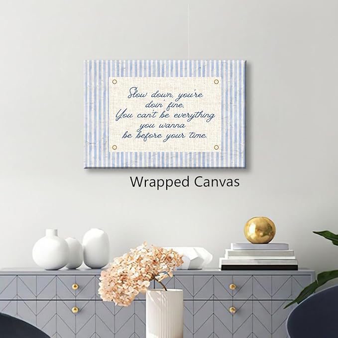 Slow Down You're Doing Fine Canvas Wall Art, Navy Blue Stripes Positive Quote Poster, Daily Affirmations Wall Decor for Bedroom Dorm, Modern Office Inspiring Typography Print 8x12in Wrapped Canvas