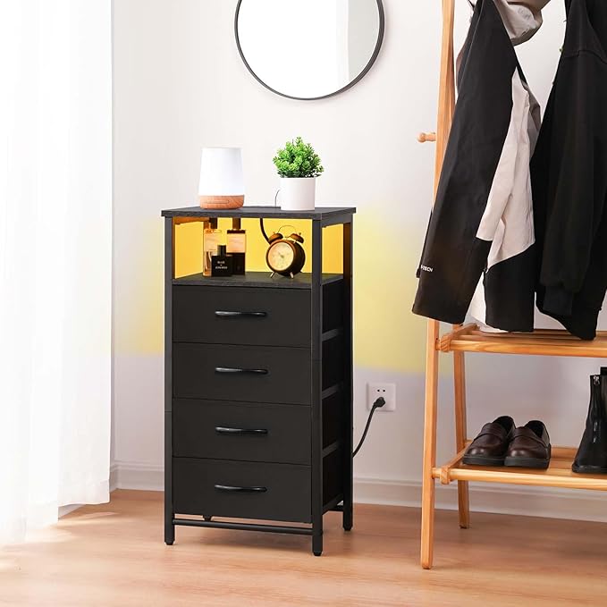Yoobure Night Stand - LED Nightstand with Charging Station, Bedside Table with 4 Fabric Storage Drawers and Storage Shelf, End Table with USB Ports and Outlets, Tall Dresser for Bedroom