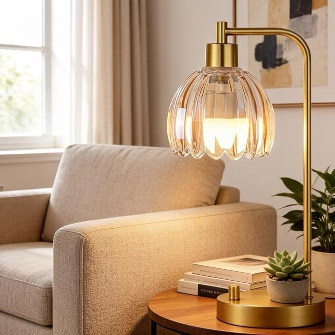 Glass Table Lamp Set of 2,Small Gold Bedside Lamps Dimmable Boho Bedroom Lamp with Tulip Flower Amber Lamp Shade,Vintage Mid Century Modern Mini Nightstand Lamp for Bedroom Living Room