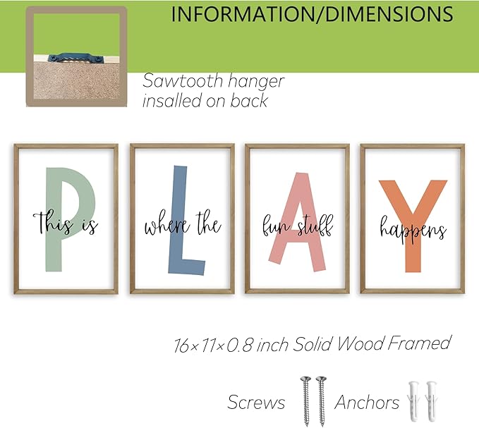 This Is Where The Fun Stuff Happens Kids Playroom Wall Art 11x16 Inch Set Of 4 Rustic Kids Wood Framed Boy Sign Toddler Modren Nursery Interesting Let's Play Prints Wall Hang Decor (Wood)