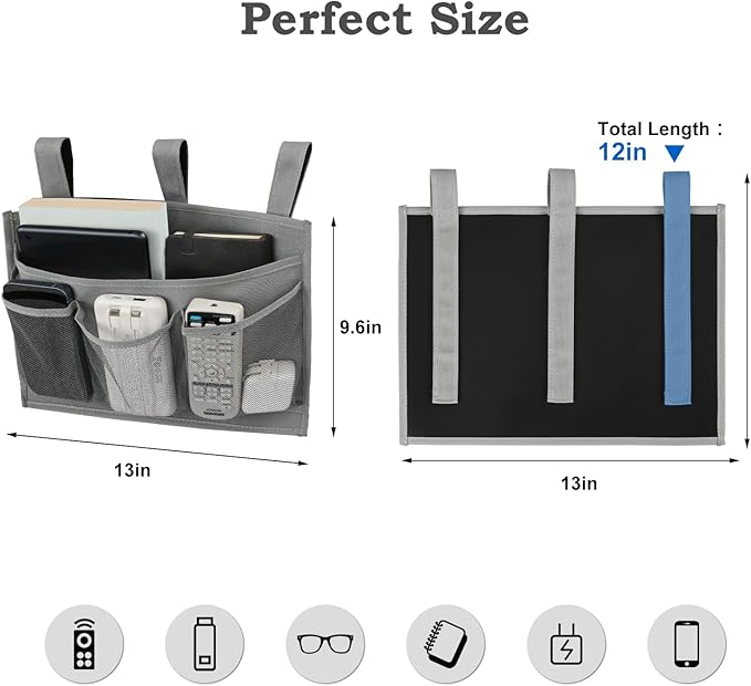 Surblue Bedside Caddy Bed Organizer Hanging Storage Bag Pocket for Bunk Hospital Beds College Dorm Rooms Baby Bed Rails Camp Wheelchairs,4 Pockets, Grey