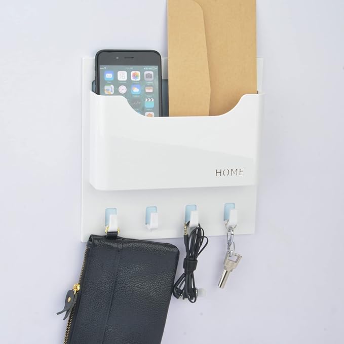 Bedside Shelf Organizer,Stick On Adhesive Wall Mounted Floating Shelf Entryway Mail/Keys Holder for Phone,Glasses,Remote Control - Good for Home,Dorm,Bedroom,Office (Horizontal Type/White)