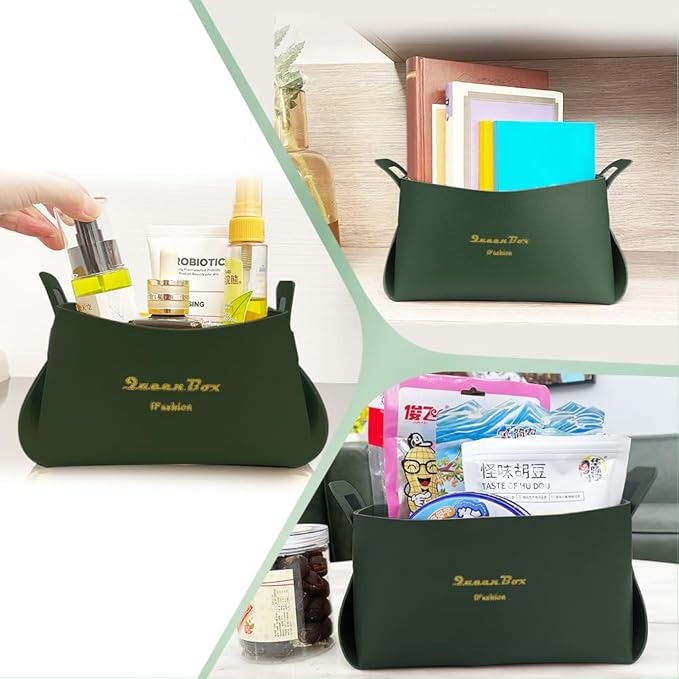 Foldable Storage Basket Bin PU Leather Desktop Organizer Box Green Small Catchall Basket Rectangle Tray Double Handles for Entryway Bedside Dresser End Table Cosmetic Jewelry Key Wallet
