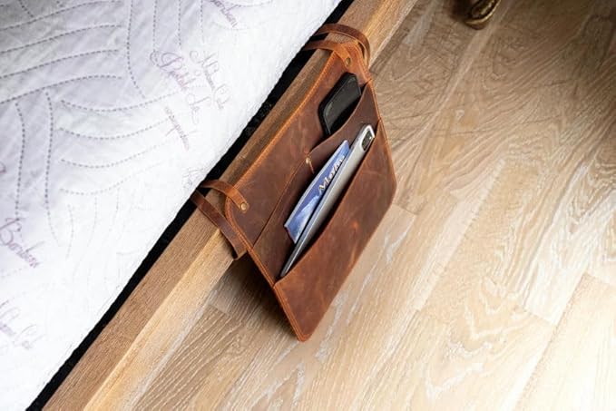 Leather Bedside Storage Organizer, Leather Storage Organizer, Handmade Bedside Caddy with 3 Pockets For Magazines, Books and Accessories