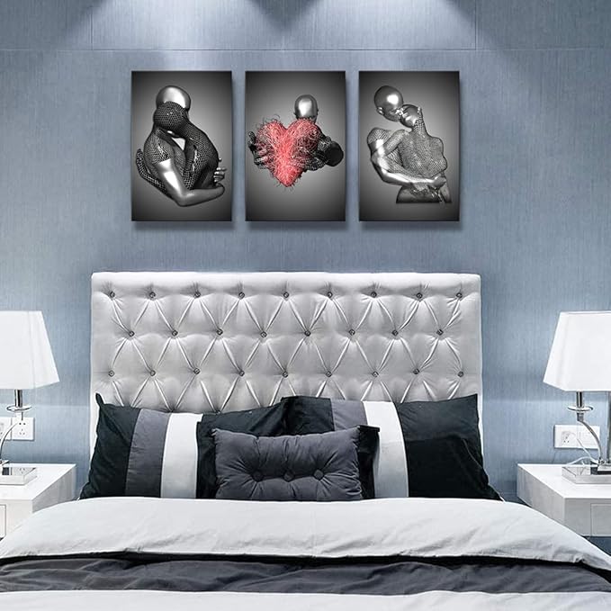 Framed Love Heart 3d Wall Art Romantic Couple Hug Abstract Art Prints Posters Decor Grey Black and White Canvas Prints Bedroom Bathroom Hotel Valentine'S Day Ready to hang 16x24InchX3
