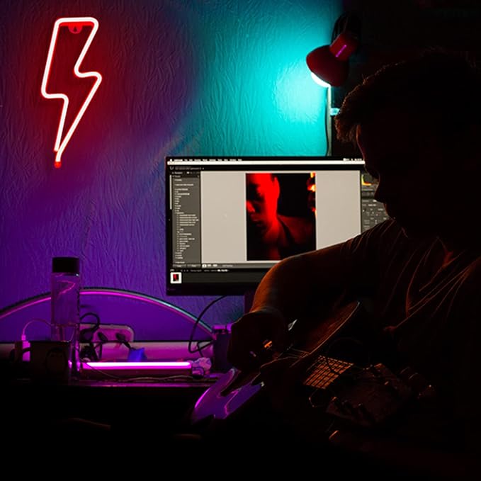 Neon Signs Lightning Bolt Neon Light Sign for Wall Decor, Battery or USB Powered Led Lightning Light Neon Sign for Bedroom, Kids Room, Birthday, Party, Wedding, Home, Kids Decorations Red