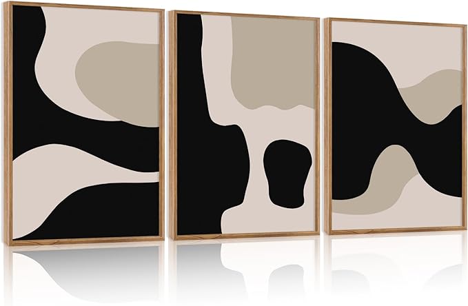 CHDITB Abstract Modern Framed Canvas Wall Art Set Of 3, Minimalist Wall Decor, Contemporary Artwork Prints, Neutral Black And Beige Abstract Line Paintings for Living Room Bedroom Decor (12X16 Inch)