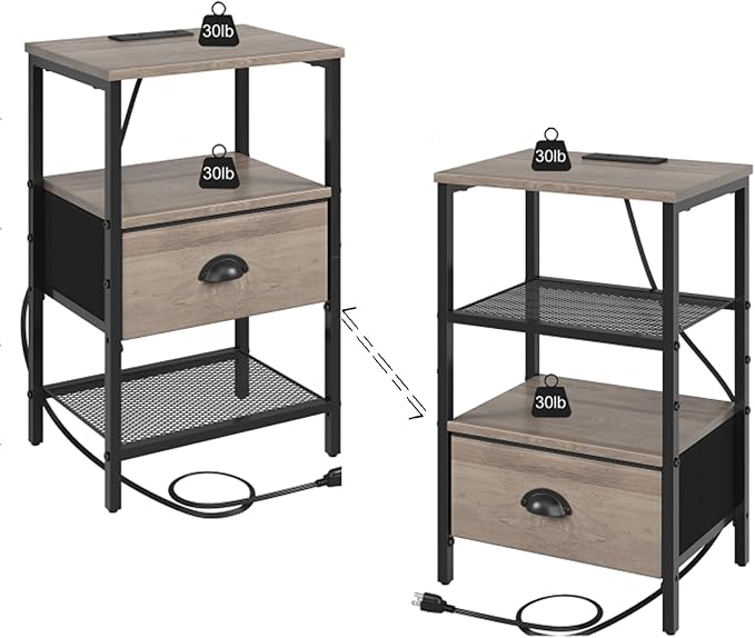 Nightstands Set of 2, Night Stands with Charging Station and Fabric Drawer, Grey Bedside Tables with Drawers, 2- Tier Side Table with Storage, Nightstands with Charging Station,Grey