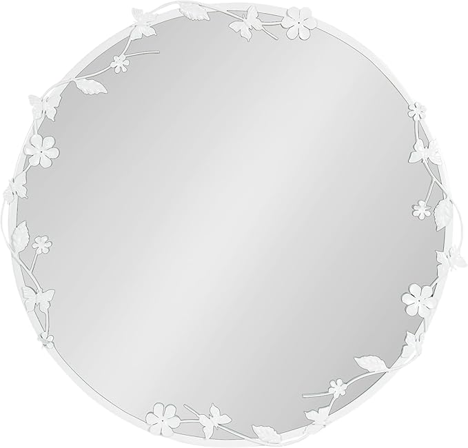 Kate and Laurel Rosella Modern Ornate Round Wall Mirror, 26 Inch Diameter, White, Circle Mirror with Floral Detailing for Use as Bathroom Mirror for Over Sink or Cute Kids Room Decor
