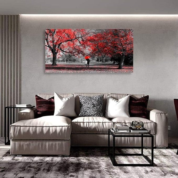 Bamdeya Wall Art for Bedroom Black and White Red Wall Decor Scenery Tree Prints Art Forest Canvas Painting Artwork Living Room Decor Large Framed Picture Home Decoration-24x48inches