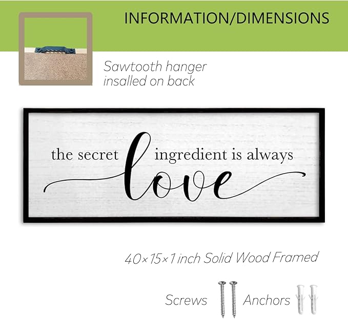 TQianJiang Kitchen Wall Decor The Secret Ingredient Is Always Love Sign 40"×15" Heartwarming Quote for Dining Room Mother's Day Large Farmhouse Rustic Wood Framed Wall Plaque Hanging Art (Black)