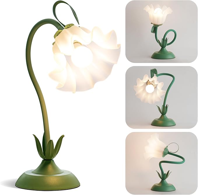 Flower Table Lamp, LED Reading Light Vintage Bedside Table Lamp with 3 Color Modes for Nightstand, Kawaii Decoration for Home Bedroom Living Room (Green)