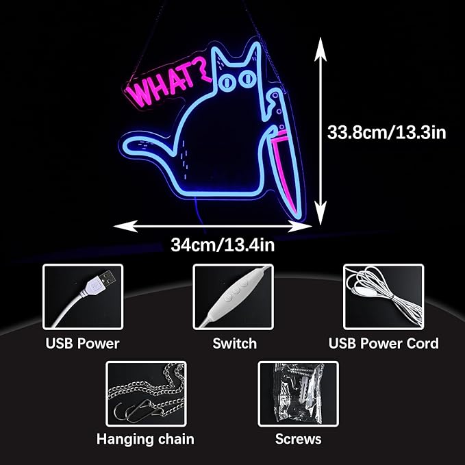 Cat What Neon Sign,Cat Room Decor Sign, Funny Black Cat Murderous Cat With Knife Night Light, For Bedroom Living Room Door Bathroom College Dorm Decor Birthday Christmas Gift
