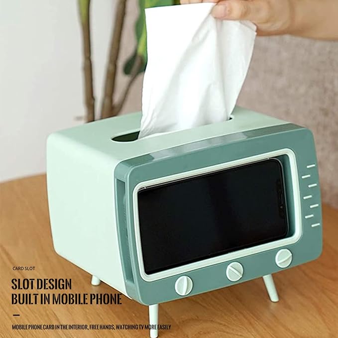 SGVAHY Tissue Box Holder Retro TV Tissue Box Cover Cute and Practical Cell Phone Holder Tampon Holder for Bathroom Kitchen Bedroom Dressers Desks and Tables Night Stands Creative Gift (TV Green)