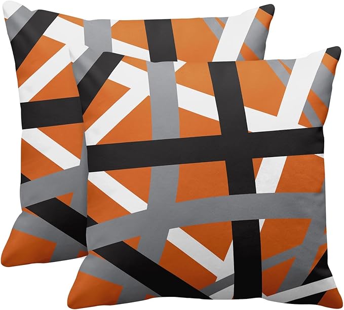 Emvency Set of 2 Throw Pillow Cover Orange Black Stripes Grey White Design Retro Decorative Pillow Case Striped Home Decor Square 18x18 Inch Cushion Pillowcase