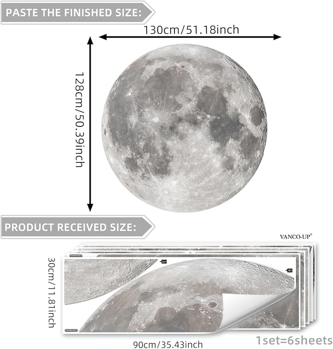 Large Glow in The Dark Full Moon Wall Stickers 6 Sheets Night Blue Luminous Moon Decals Peel and Stick Wall Decor for Kids Room Bedroom Living Room