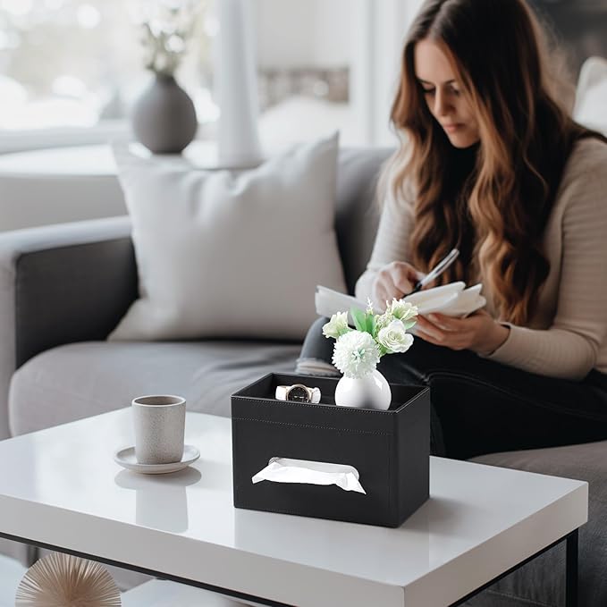 Plus Size Tissue Box Cover Rectangle, PU Leather Tissue Box Holder with Storage Tray, Decorative Organizer Tissue Holder for Bathroom, Bedroom Dresser, Night Stand, Office (Black)