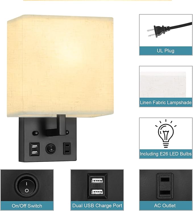 Black Wall Sconces Set of 2, Bedside Wall Lights for Bedroom, Plug in Wall Sconce with USB Ports and Outlets, Modern Wall Lamp for Mirror Kitchen Living Room Hallway, E26 Base (LED Bulbs Included)