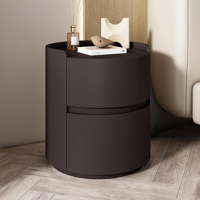 Round Nightstand,Bedside Table with 2 Solid Wood Storage Drawers,Modern Minimalist Bedroom Side Table,Leather Night Stands for Bedroom/Living Room,No Installation Required,End Table