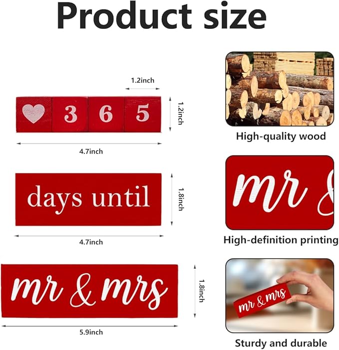 6 Pcs Wooden Engagement Gifts for Couples Wood Engagement Party Decorations Block Wedding Day Countdown Calendar Fiance Gifts for Women Future Mr Mrs Newly Engaged Couples, Red
