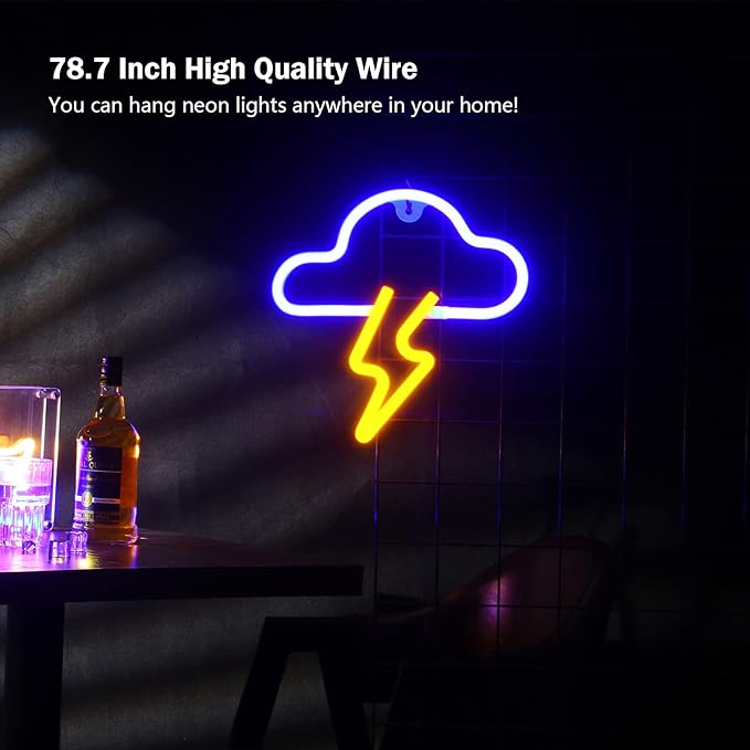 Neon Sign LED Cloud Lightning Neon Signs for Wall Decor Hanging Neon Light Battery or USB Powered Light Up Neon Lights for Bedroom Aesthetic Kids Room Living Room Bar Party Christmas Wedding Yellow