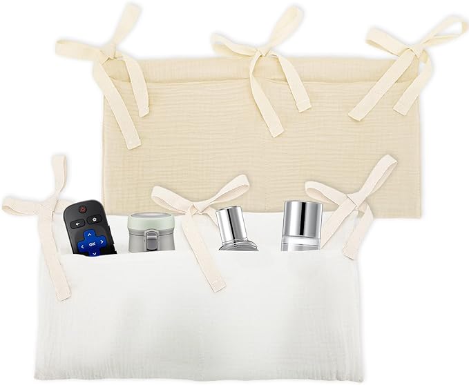 2 Pieces Solid ColorBedside Caddy with 2 Pockets, Bedside Hanging Storage Organizer, Dorm Rooms Bunk Bed Storage Bag for Home Phone Remote Control Key Glasses (Light Tan, White)