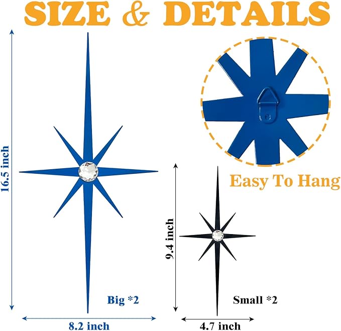 sxnzequnze 4 Pack Metal Star Wall Art 8 Pointed Starburst Wall Decor Set with 2 Large & 2 Small Pieces Mid Century Celestial Metal Wall Sculpture for Bedroom Living Room Office Gallery Wall