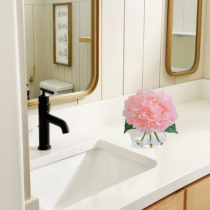 Hydrangea Artificial Flowers in Vase, White Silk Fake Flowers Silk Centerpiece Table Decorations for Dining Room， Coffee Table Decor，Wedding, Home with Faux Water Decor (New Pink)