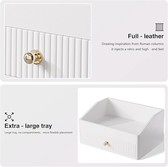 Office Desk Accessories,Beige White Vegan Leather Office Organizer with 1 Drawer & Tray,Pen Holder with Gold-Tone Metal Accents Knob for End Tables,Bedside Table,Bedroom.
