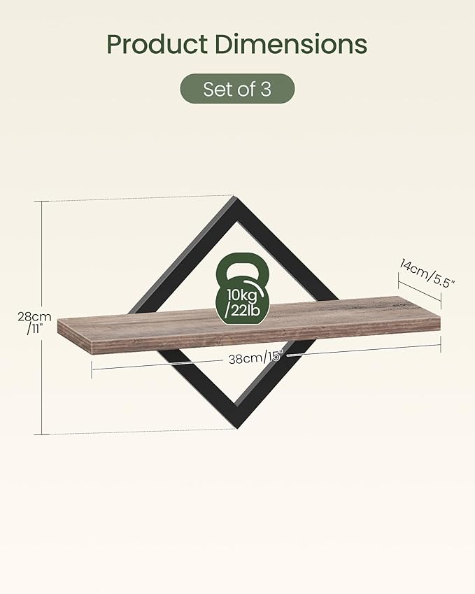 Floating Shelves for Wall, Set of 3 Wall Mounted Storage Shelves for Living Room, Bedroom, Kitchen, Bathroom, Greige TBJ03P3BG