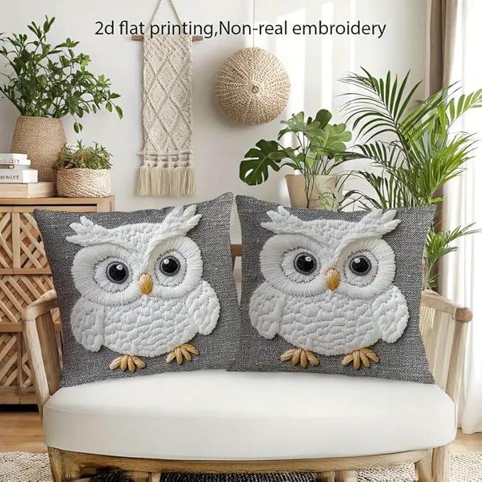 Decorative Owl Throw Pillow Cover, 2D Printed Design on Gray, White Non-Embroidered Pattern, Set of 2，18x18 Pillows Linen Pillowcase