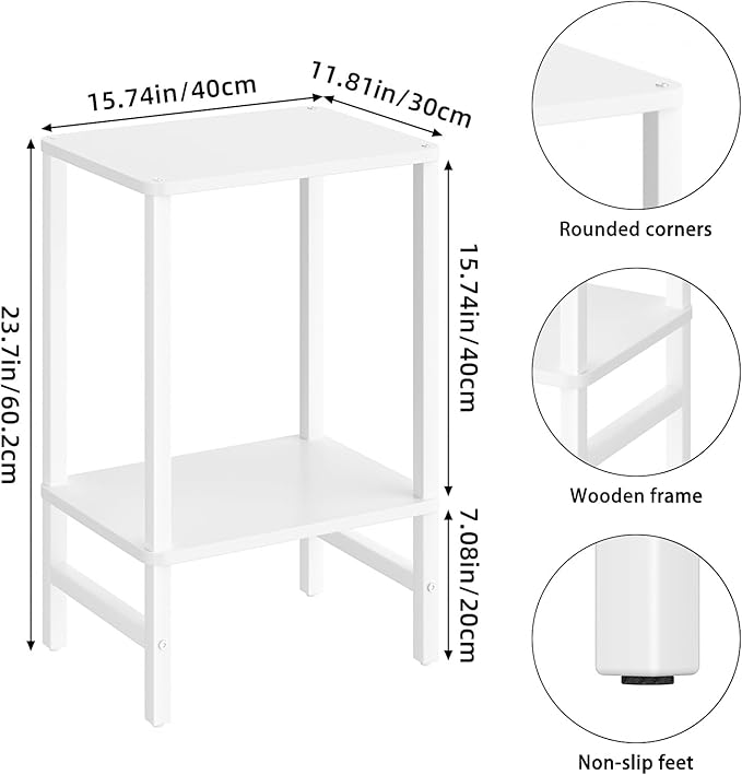 Side Table End Table Tall Night Stand 2-Tier for Living Room Bedroom Bathroom Office Furniture White