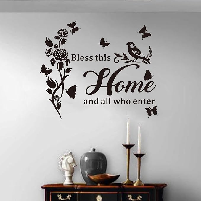 Family Wall Stickers for Living Room: Inspirational Home Quotes Vinyl Art Wall Decals for Kitchen Dining Room Bedroom Bathroom Apartment - Bless This Home and All Who Enter 24" X 20"