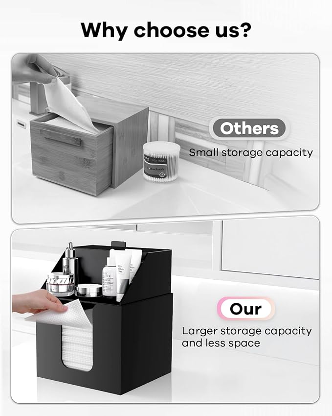 Disposable Facial Towels Storage Box Compatible with Clean Skin Club Clean Towel XL - Cotton Pads - Swabs Upgraded Double Layer Acrylic Storage Container Face Towel Holder (Matte Black)