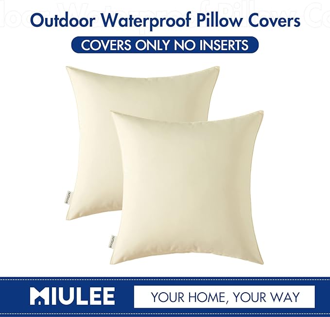 MIULEE Pack of 2 Decorative Outdoor Waterproof Pillow Covers Garden Cushion Sham Throw Pillowcase Summer Shell for Patio Tent Couch 24x24 Inch Beige