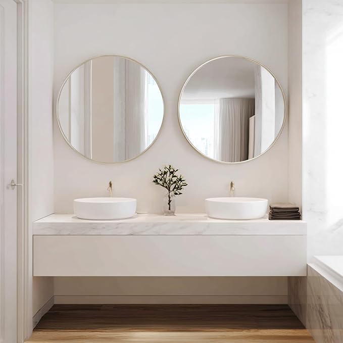 Silver Round Mirror 24 inch, 2 Pack Silver Circle Mirror, Round Bathroom Mirrors Metal Frame for Bathroom, Bedroom, Living Room, Hallway.