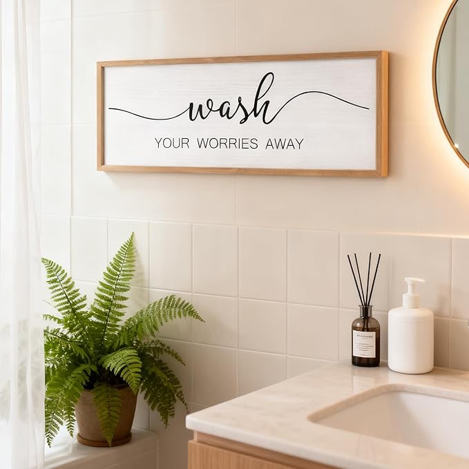 Foutcheou Funny Wash Your Worries Away Bathroom Wall Decor Sign 32x12 Inch Framed Wooden Wall Art with Inspirational Quote, Farmhouse for Home Laundry Room Guest Powder Room Wall Decor