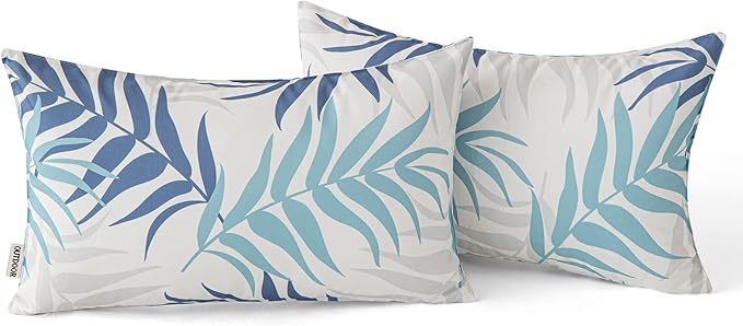 MIULEE Pack of 2 Decorative Outdoor Waterproof Throw Pillow Covers Patio Pillow Cases Natural Leaves Pattern Spring Square Cushion Shams Shell for Garden Balcony Couch 12x20 Inch, Blue